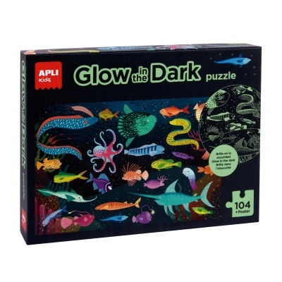 Caixa de puzzle Glow in the Dark da APLI Kids com imagens coloridas de peixes e animais marinhos