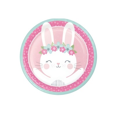 Prato descartável decorado com coelho branco e flores