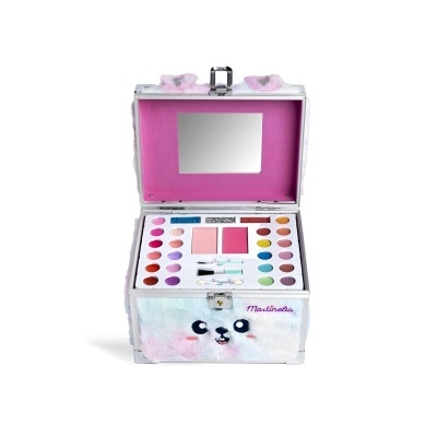 Estojo de maquilhagem infantil com desenho de cão, vários pós e lápis coloridos, espelho e aplicadores
