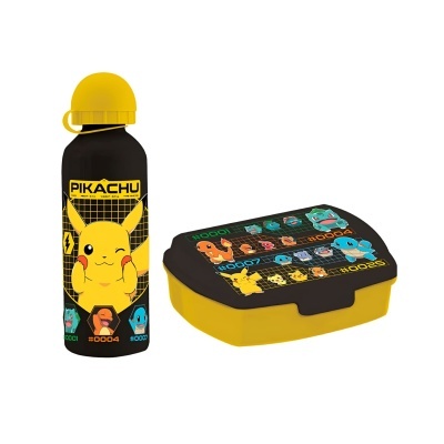 Garrafa preta e amarela com desenho de Pikachu e lancheira preta e amarela decorada com personagens Pokémon
