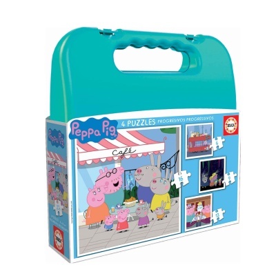 Caixa azul com 4 puzzles progressivos da Peppa Pig com personagens em frente a um café