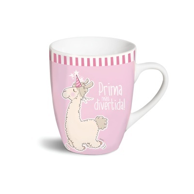Caneca rosa com desenho de lhama e texto Prima mais divertida