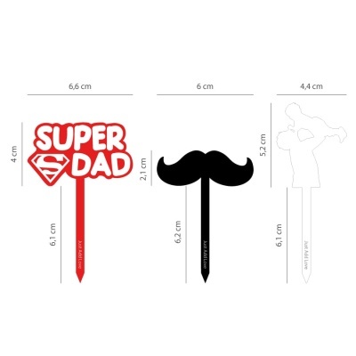 Palitos decorativos para bolos com temas de dia do pai em vermelho, preto e branco