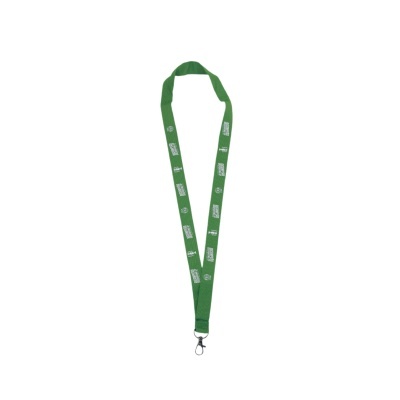 cordão de pescoço verde com texto branco e presilha preta