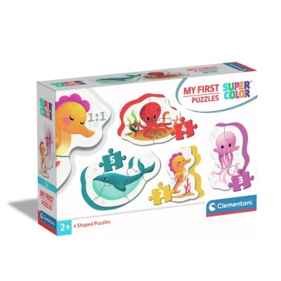 Caixa de puzzles coloridos para crianças com animais marinhos e numerais