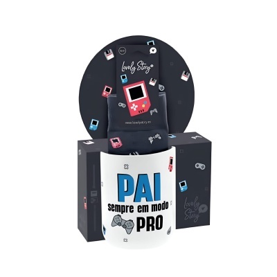 Caneca branca com texto para pai e embalagem decorada com consoles portáteis.