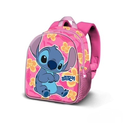 Mochila infantil rosa com estampa do Stitch e flores amarelas