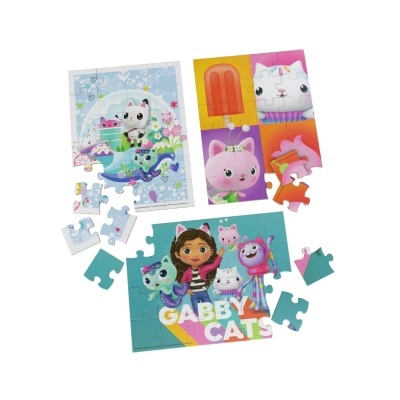 Três puzzles a cores com personagens de Gabby Cats, alguns incompletos, em fundo branco.