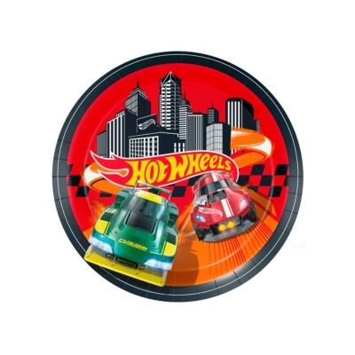 Prato de papel Hot Wheels com dois carros de corrida coloridos e fundo de cidade