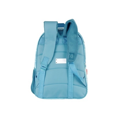Mochila azul clara vista de trás com alças ajustáveis e etiqueta branca.