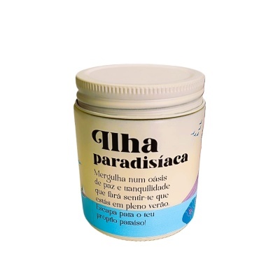 Frasco branco com etiqueta colorida e texto em português 