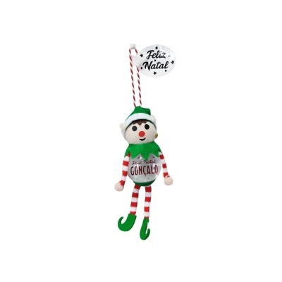 Boneco de pelúcia natalício com texto 'Feliz Natal Gonçalo' e balão 'Feliz Natal!'