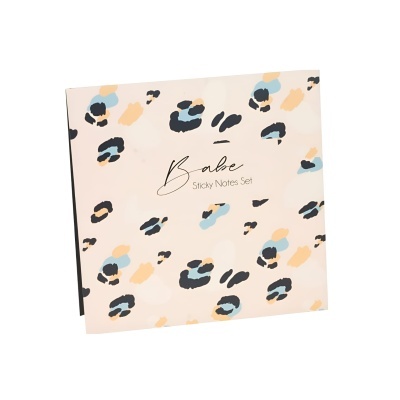 Conjunto de notas autocolantes com padrão de manchas coloridas e texto 'Babe Sticky Notes Set'