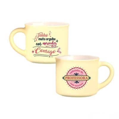 Dois jarros amarelos com texto em português para professoras