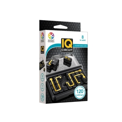 Caixa do jogo IQ Circuit com peças pretas e amarelas, indicada para maiores de 8 anos e 120 desafios