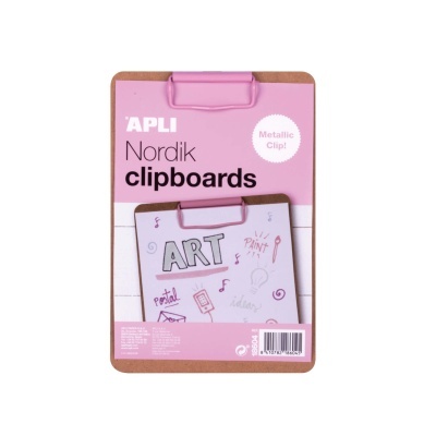 Prancheta APLI Nordik com clip metálico cor rosa e base de madeira