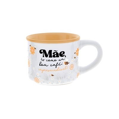 Caneca de cerâmica branca com texto e decoração floral e abelhas