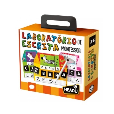 Caixa de brinquedo educativo Montessori laranja com texto e imagens educativas.