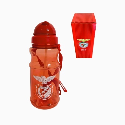 Garrafa desportiva laranja com logo do SL BENFICA e caixa vermelha