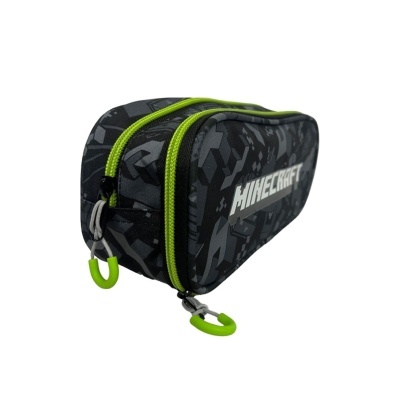 Estojo escolar Minecraft preto com fechos verdes e padrão geométrico cinzento