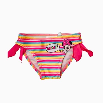 Cueca de banho infantil com riscas coloridas e estampa da Minnie Mouse
