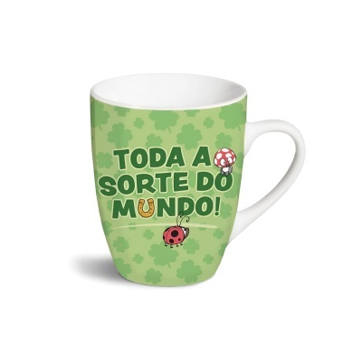 Caneca verde claro com texto e imagens alusivas à sorte