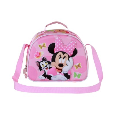 Mala infantil rosa com personagem Minnie Mouse, gatinho e borboletas