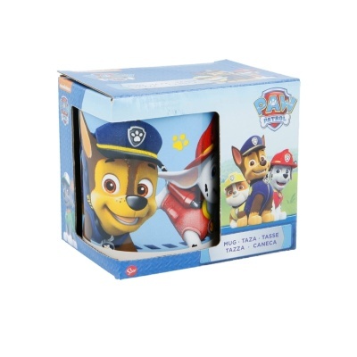 Caneca da Patrulha Pata azul com personagens estampados em caixa azul