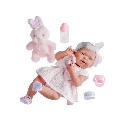 Boneca bebé com vestido branco e acessórios cor-de-rosa