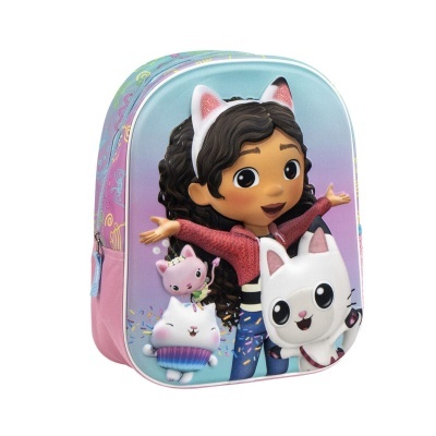 Mochila infantil azul e rosa com personagens animados de criança e gatos.