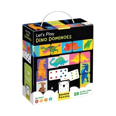 Caixa de jogo de dominós com pega e ilustrações de dinossauros coloridos