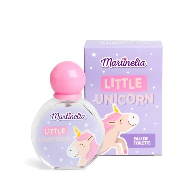 Frasco e embalagem de eau de toilette Martinelia Little Unicorn com unicórnio rosa e texto lilás