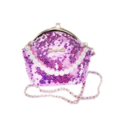 Mala tipo carteira com lantejoulas cor-de-rosa e roxo e corrente dourada entrelaçada