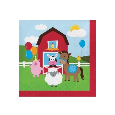 Guardanapo de papel com desenho de quinta e animais coloridos