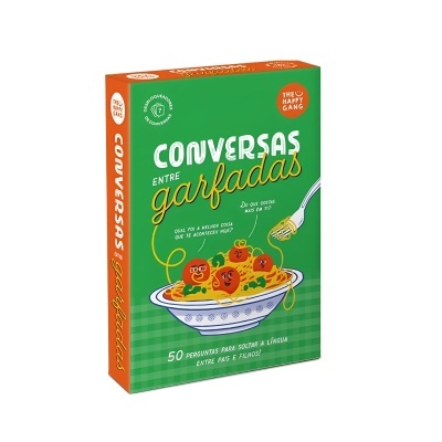 Caixa verde de jogo 'Conversas entre Garfadas' com ilustração de prato de esparguete e tomates com caras