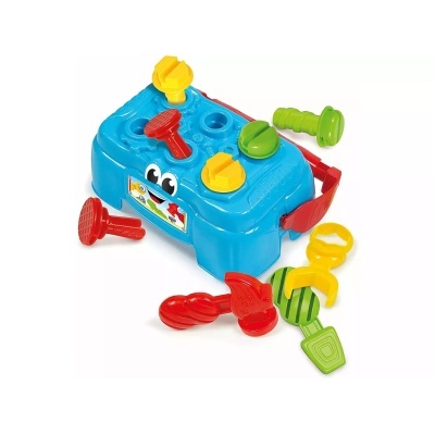 Brinquedo azul de encaixe com peças coloridas e olhos desenhados