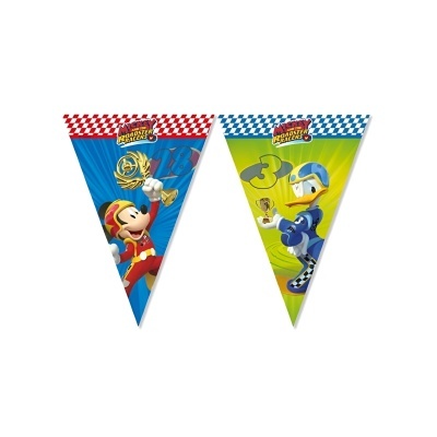 Bandeiras triangulares festa Mickey Mouse e Pato Donald com tema corrida