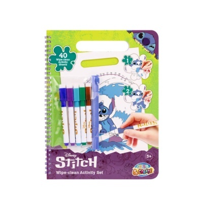 Conjunto de atividades Disney Stitch com canetas e folhas wipe-clean.