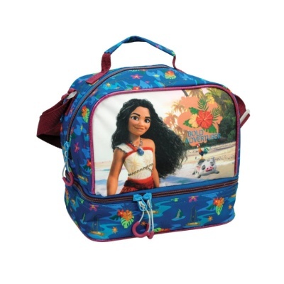 Mala térmica azul com personagem Moana e padrão floral