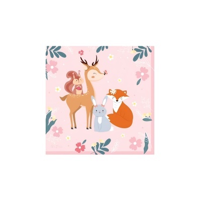 Guardanapo de festa cor-de-rosa com desenhos de animais e flores