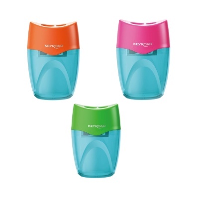 Aguçadeiras KEYROAD com tampas laranja, rosa e verde em fundo branco