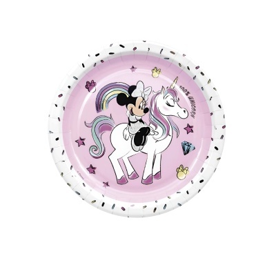 Prato descartável rosa com Minnie montada num unicórnio
