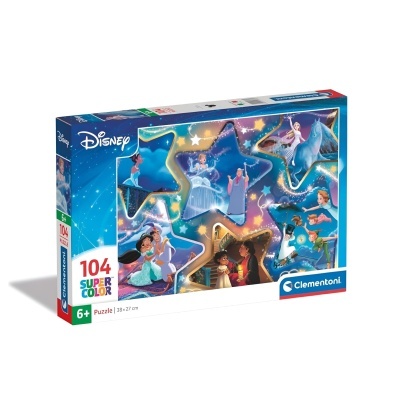 Caixa de puzzle Disney 104 peças com imagens de personagens femininas em estrelas coloridas