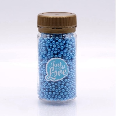 Frasco transparente com pérolas azuis e tampa castanha