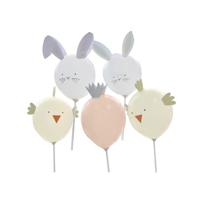 Balões decorativos em forma de coelho, passarinhos e com coroa em tons pastel.