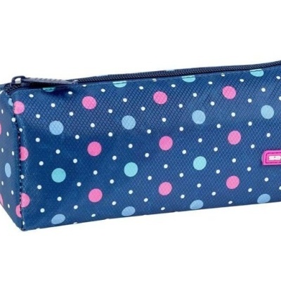 Estojo retangular azul escuro com bolinhas coloridas