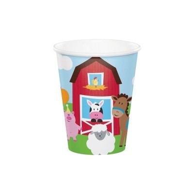 Copo de papel azulado com desenho de animais da quinta em estilo cartoon