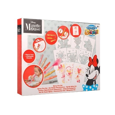 Conjunto Spray Pen Minnie Mouse com 7 canetas spray e moldes reutilizáveis em caixa