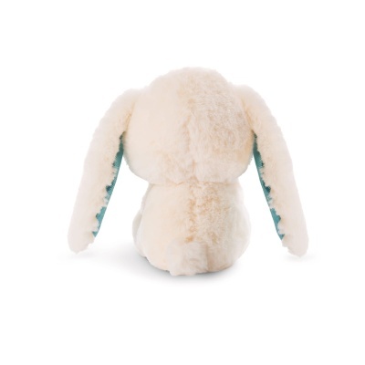 Pelúcia de coelho creme vista por trás com orelhas compridas e interior azul