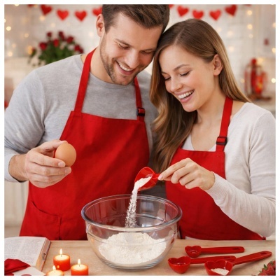 Casal com aventais vermelhos a preparar massa numa cozinha decorada com corações e velas.